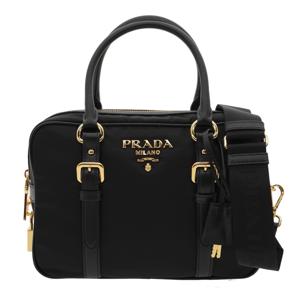 Prada Satchel Shoulder Bag Black Nylon & Saffiano Leather With Lock And Key New - Picture 2 of 9